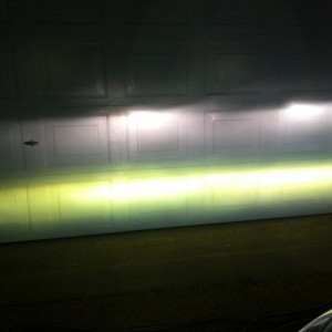 3000k fogs warmed up, against white garage door.