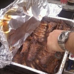 One of 5 pans full of fresh smoked Bbq