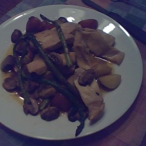 Chicken mushrooms asparagus and potatoes