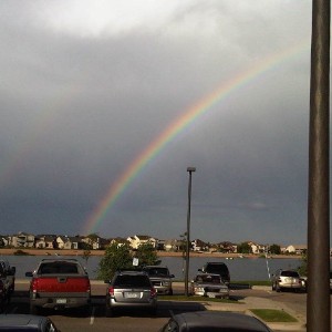 Its not a double rainbow nor is it all the way but its freakin bright. Lol