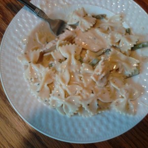 Then it turns into grilled chicken,asparagus Alfredo with farfalle noodles
