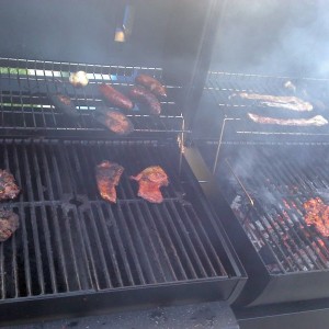 Spicy sausage, bacon infused burgers with extra bacon topping, carne asada,