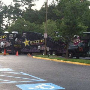 All of these tour busses getting ready for the rockstar energy mayhem festi