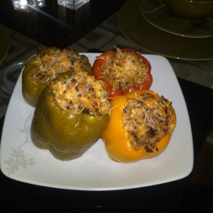 Peppers stuffed with wild rice,ground sausage,and cheese :thumbsup: