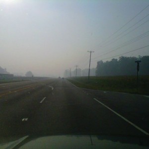On the way to obx. Lots of smoke is in the air from the dismal swamp