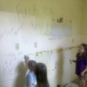Demo of mom's kitchen!! Niece's adding some artwork.