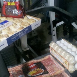 6 lbs of bacon, 36 eggs, 24 biscuits, Beef jerkey, and not pictured beer...