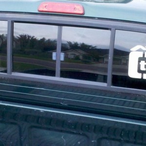 New sticker on the back window. (The white one)