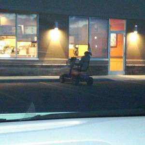 At the Tim Hortons in Pincher. Yes, he's parked in the handy cap space