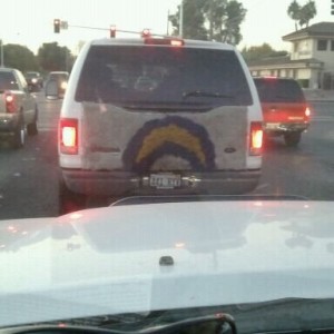 It's a chargers rug glued to the back of the truck.