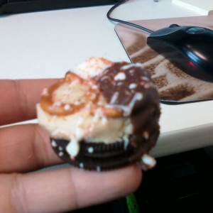 Oreo, pretzel and peanut butter dipped in chocolate.