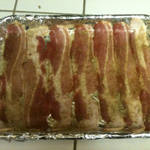 Candied bacon to go on my bell pepper/white onion infused burgers. This wil
