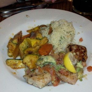 My dinner, Grilled Mahi with roast veggies and rice.