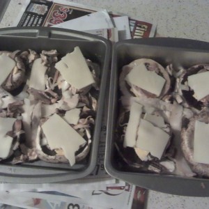 Bacon and cheese stuffed portabella shrooms, cooked in bacon fat.