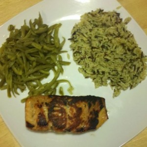Bourbon salmon filet, wild grain rice, and beans Connected by DROID on Veri