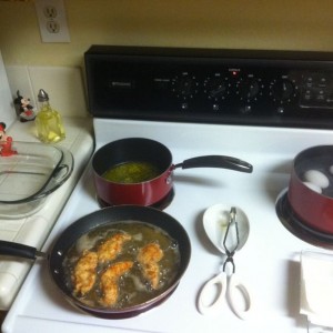 The start of homeade boneless buffalo wings and some killer deviled eggs