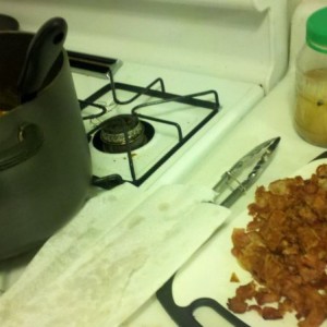 Cut up the bacon.... Note the family sized velveeta mac and cheese in the b