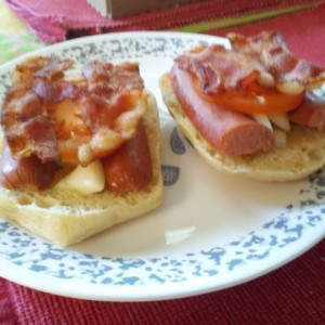 Cibata, polish dog, diced onions, tomato, bacon, Lunch