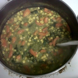 Freshly made split pea soup with sweet corn, spinach and chopped carrots. Y