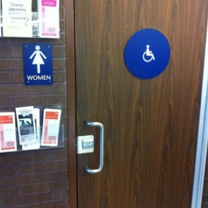 Restroom at the DMV.. Handicapped restroom with a one legged chick on it