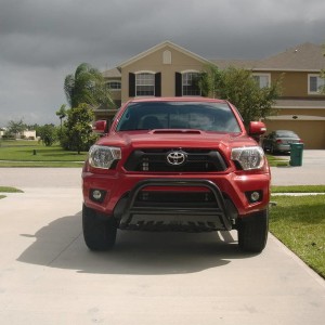 2012 Barcelona Red TRD Sport DC with powdercoated lower bull bar valence