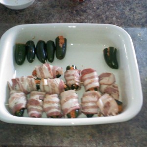 Bacon Wrapped Jalapeno Poppers, stuffed with Habanero Cheese and Sausage.