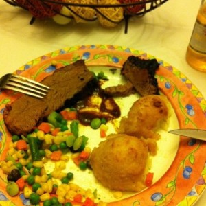 Tri tip roast,veggies and potatoes au grauten..I have no clue how to spell 