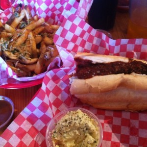 Pulled pork sandwich and garlic fries. Oh yeah.