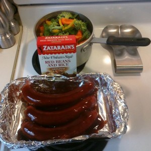 BBQ keilasa, red beans and rice and veg medley for dinner.