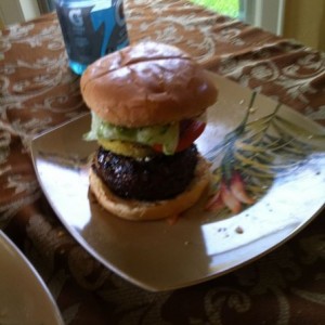 Blue cheese stuffed in the meat with lettuce, tomatoes, onions, saut