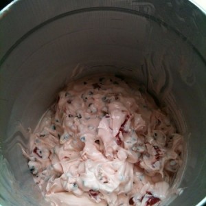 Homemade ice cream. Custard base, cherries, almonds, and chocolate chips.