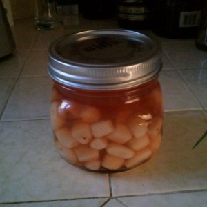 Finished my first batch of pickled garlic. Used some dried habaneros from l