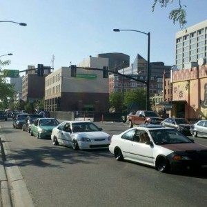Line of cars 4 blocks long through downtown boise to get into IR208 (import