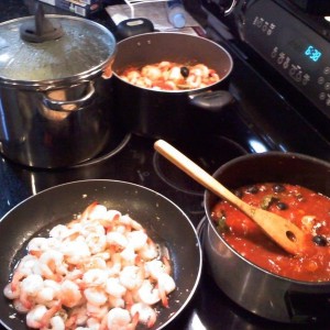 Makine my Red Wine Tomato Pasta Sauce with Shrimp.