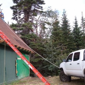 Using the truck to secure some rigging.