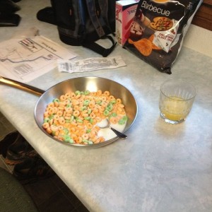 No bowls in my hotel room, but I made breakfast work this morning...