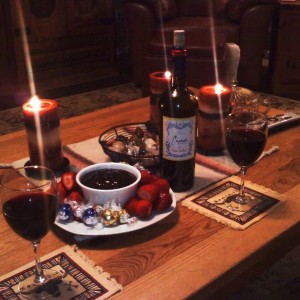 Dessert, Strawberries, Chocolates and Wine.