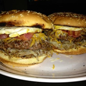 Egg bacon cheese and shredded potato burger. Yeeaahhhh