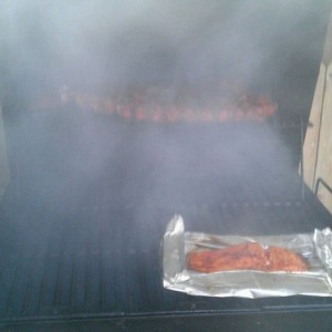 Smoking some salmon and two racks of ribs, hickory style