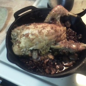 Stuffed glazed roast pheasant with roasted mushrooms and tomatoes