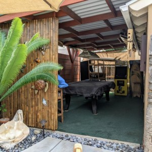 Updated the backyard pool/game area with some aluminum roofing.....and got a keg to break it in. Arcade high scores have been reset for some friendly