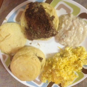 Deer cubed steak (thanks again, Meatman!), biscuits, gravy, and cheesy eggs