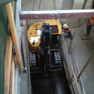 Going down through the elevator shaft