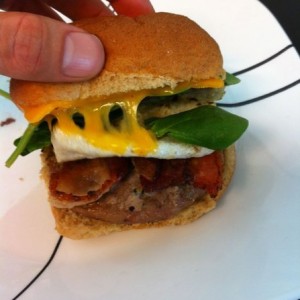 Turkey burger, egg, bacon, cheese, spinach :drool: