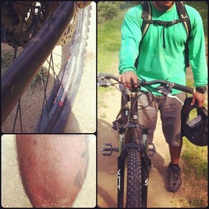 Blown out tire, busted shins, and bent bars. That wall ride transition got 