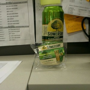Handing out drinks in front of my office