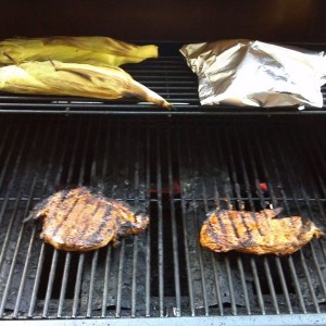 Steak, corn, beans and biscuits for dinner.