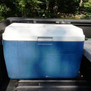 2013 DCLB, carpeted bed deck with storage bins. The cooler fits!