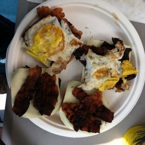 The camper's cholesterol bomb! Buttered fried rolls, 6 bacon, 2 cheese