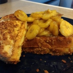 Breakfast: Challah Bread French Toast Filled with Peanut Butter Coated w/ c